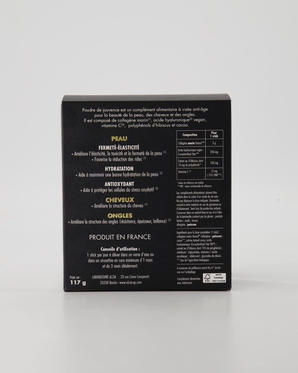 ALZIA Organic Pharmacy – Poudre de Jouvence | Collagène Marin VERISOL® 5 g + Acide Hyaluronique ExceptionHYAL® Star 200 mg | Vitamine C | Goût cacao | 15 sticks | Fabriqué en France