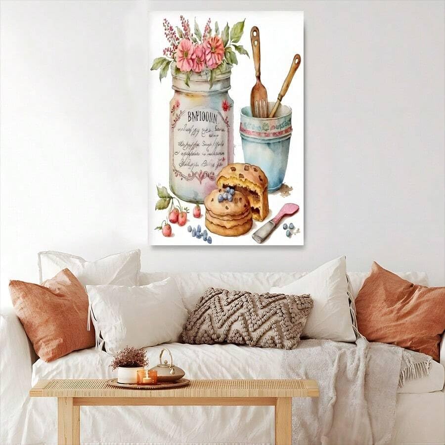Affiche Cuisine Rustique Vintage avec Fleurs et Ustensiles Ferme Toile Texturée 40x60cm