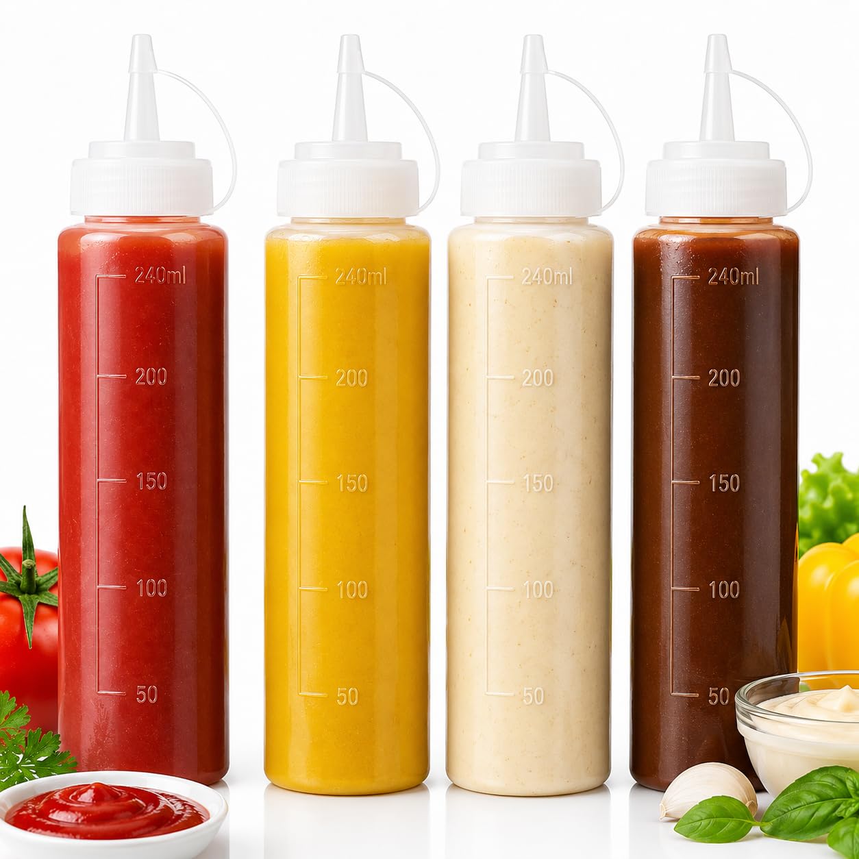 4 Pack 240ml Squeeze Bottles for Sauces, Condiments & Dressings, BPA Free Plastic Sauce Bottles with Leak Resistant Caps, Refillable Squeezy Bottles for Ketchup, Mustard, Mayo, BBQ Sauce, Oil, Syrup