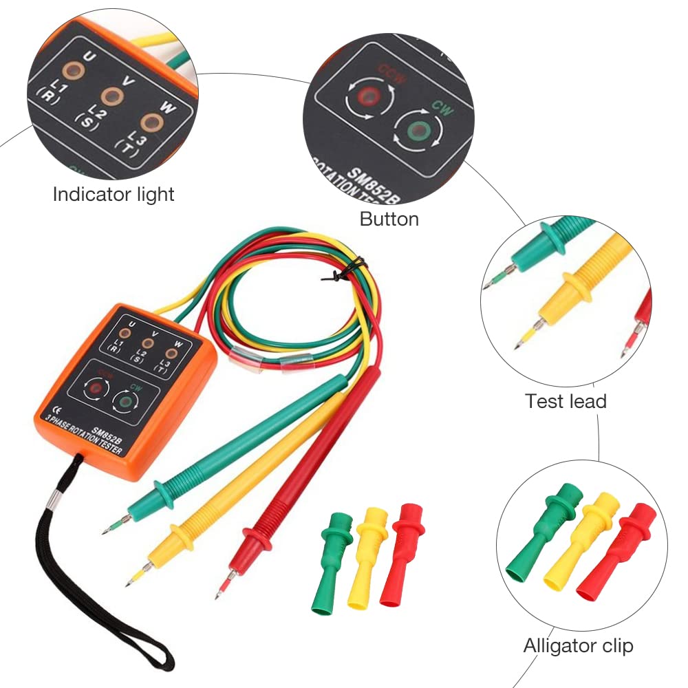 Led Indicador de Rotación de Fase Digital, 3 Secuencia de Fase Presencia Rotación Tester Indicador Detector Meter con Pinzas de Cocodrilo y Zumbador Probador Espectáculos, 60V~60V AC 20~400Hz
