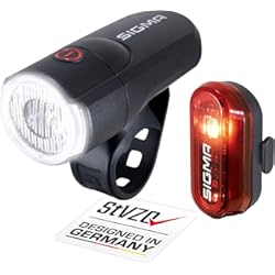 Luz Delantera Bicicleta Sigma SIGMA Luz LED para bicicleta a pilas, juego AURA 30 y CURVE, luz delantera y luz trasera homologadas por la ley de transporte en carretera de Alemania, color: negro