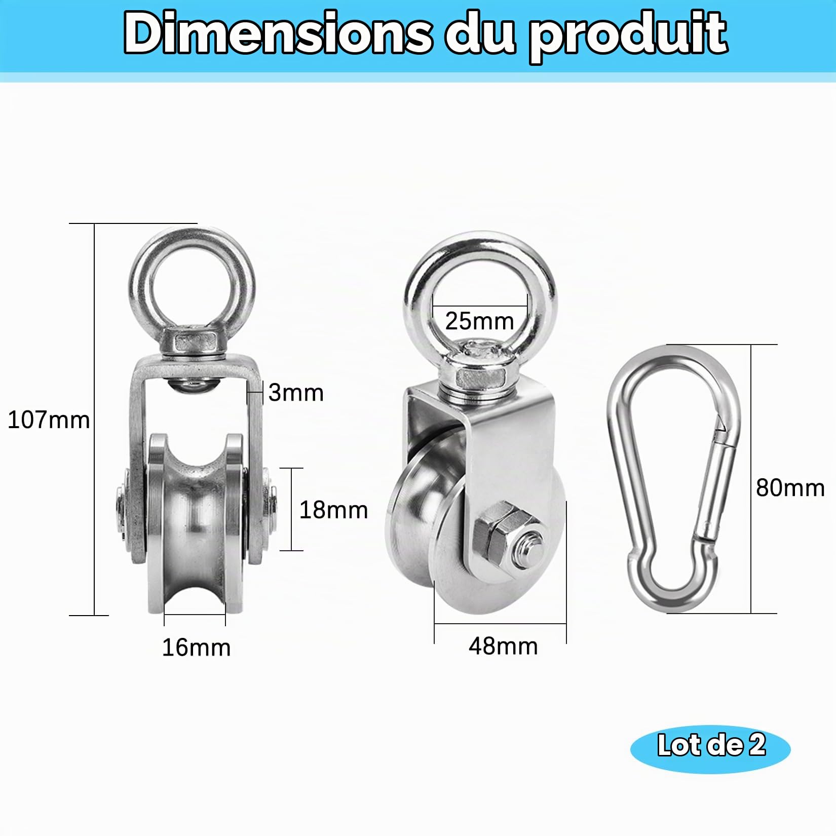 2 pièces Poulie de Levage, Poulie de Levage pour Cable Acier 16 mm Maximum, Poulie Musculation, Portantes 500 kg (48mm)