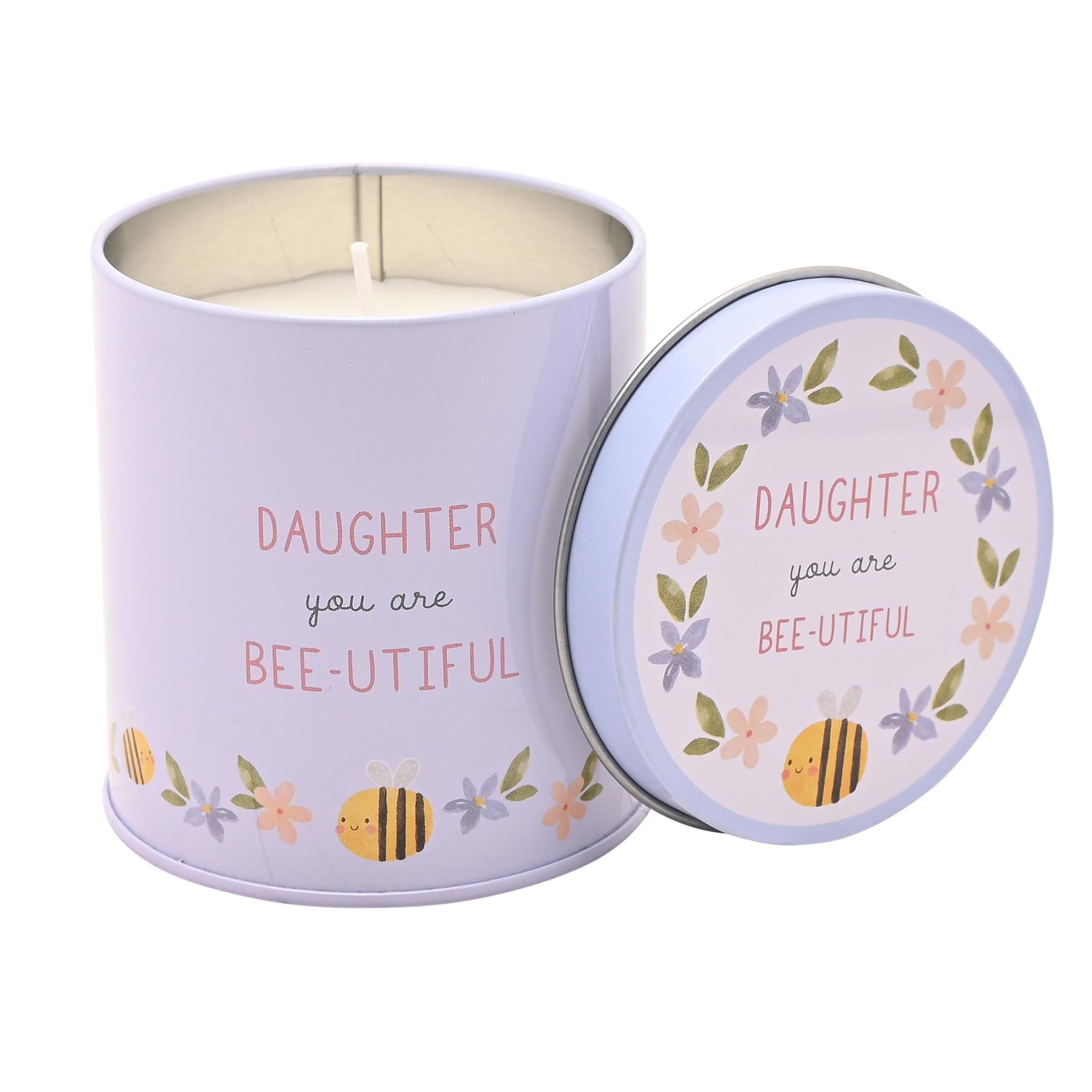 Widdop And Co Purple Love Life - Tin Candle - 'Daughter' - Lemon Scent - Present & Birthday Positivity Gifting & Homeware - Removable Lid & Floral Detail - H: 8.5Cm X W: 8Cm.