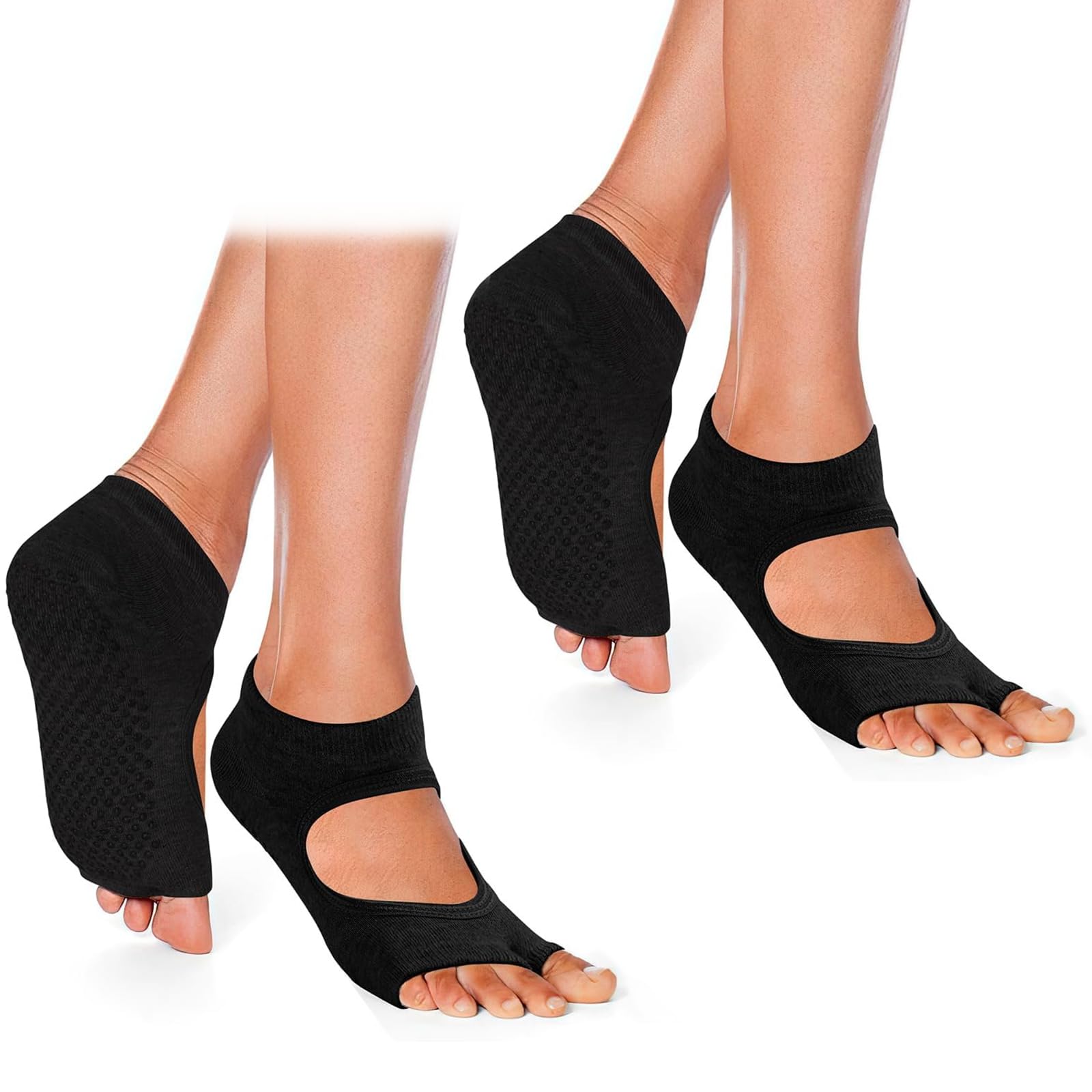 Exportar en español Comodidad excepcional en cada movimiento: recibirás 2 pares de calcetines cortos para pilates en color negro con diseño de dedos separados. Están confeccionados con po