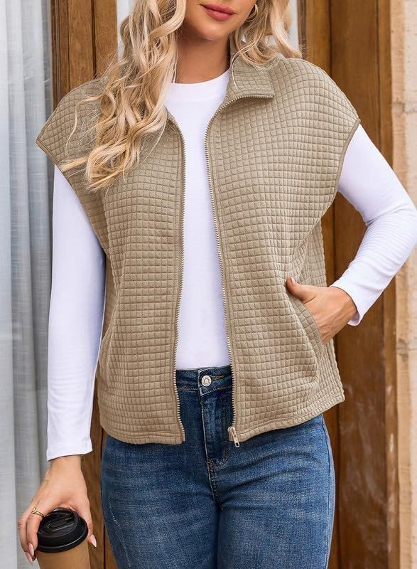 Womens Waffle Knit Vest Tops Zipper Up Side Pockets Sleeveless Oversized Vests Outerwear Fall