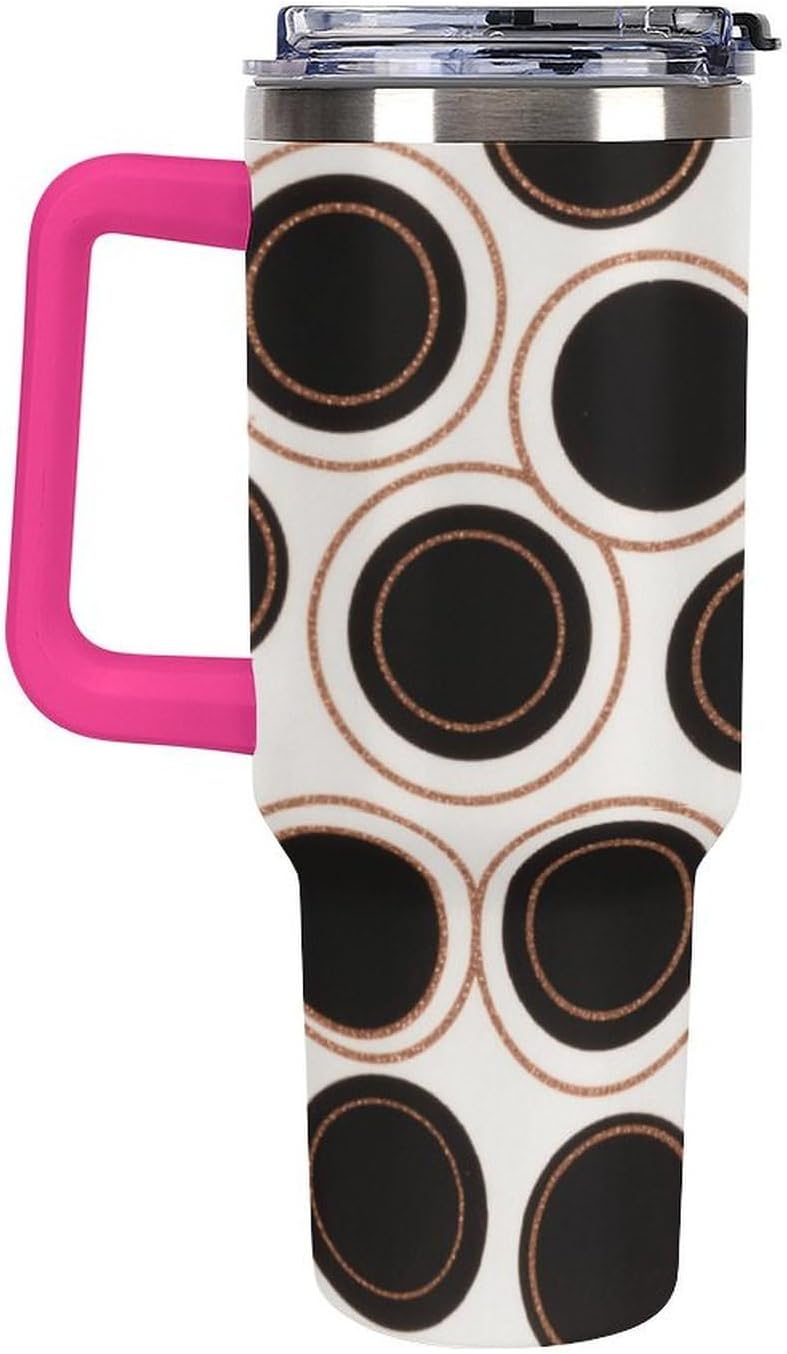 40 Oz Insulated Mug with Handle Lid And Straw Retro Copper-colored Circles Pattern Large Metal Sports Bottle Great for Gifts Parties Office Coffee