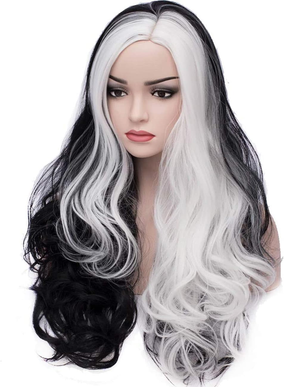 BERON Black White Wig Long Curly Wig Women Girls Black and White Wig Heat Resistant Wavy Two Tone Cosplay Costume Halloween Wig