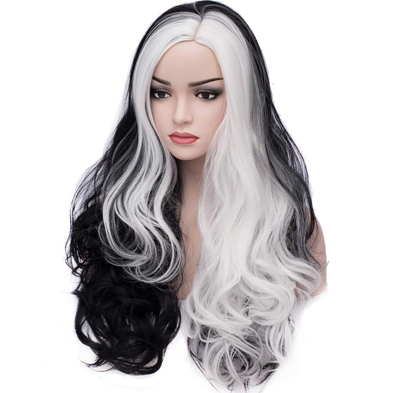 BERON Black White Wig Long Curly Wig Women Girls Black and White Wig Heat Resistant Wavy Two Tone Cosplay Costume Halloween Wig