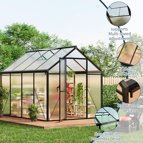6 x 8 FT Greenhouse, Greenhouses for Outside, Polycarbonate Greenhouse with Aluminum Frame, Lockable Door and Ajustable Roof Vent for Backyard, Green Houses for Outside Garden Backyard, Patio