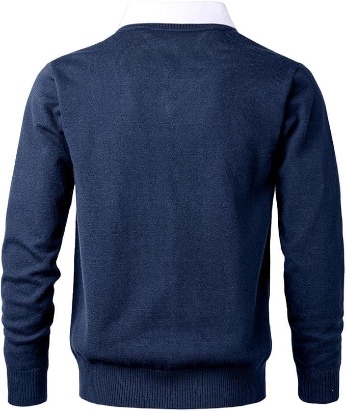 Men's Knit Sweater Fashion Pullover Soft Touch V-Neck Sweatshirt Top with Plaid or White Mock Shirt Collar - Image 4