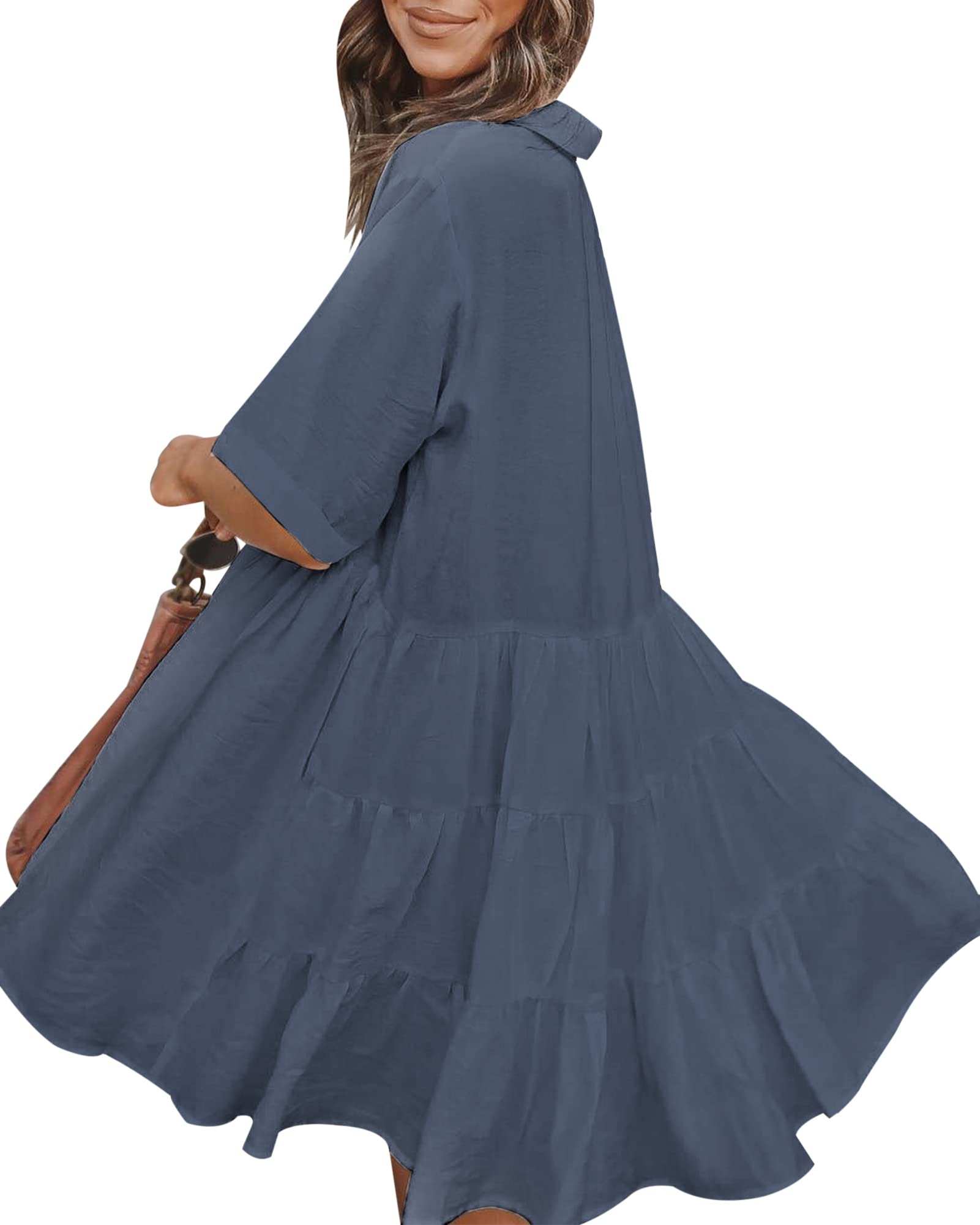PYGFEMR Women's Short Sleeve Babydoll Dress Button Down Dresses with Pockets: 01-gray Blue Medium