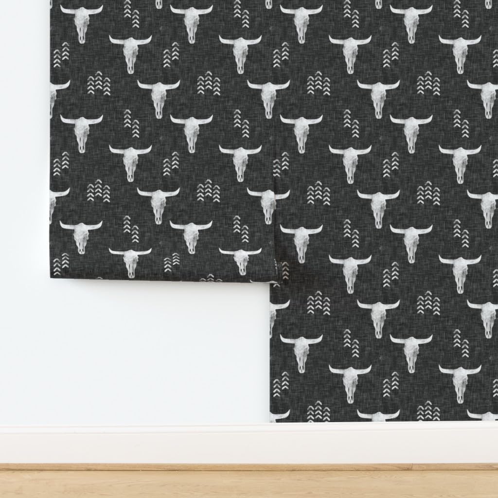 Removable Wallpaper 6ft x 2ft - Desert Skulls Boho Southwest Inspired Bull Cow Gray Bohemian Custom Pre-Pasted Wallpaper by Spoonflower