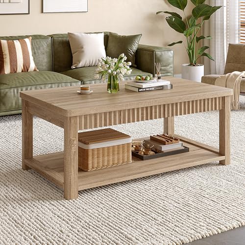 Homkdom Coffee Table, 39 Inch Modern Coffee Tables for Living Room with 2-Tier Storage & Wave-Edge, Oak Center Table for Bedroom/Office