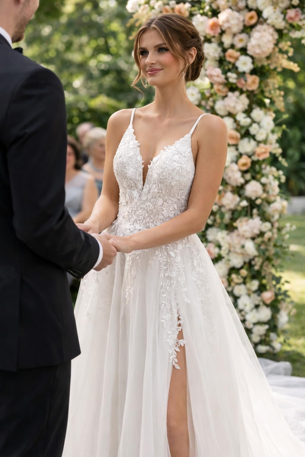 Damen Brautkleider Spaghettiträger Boho Hochzeitskleider Spitze A-Linie Standesamt Kleider