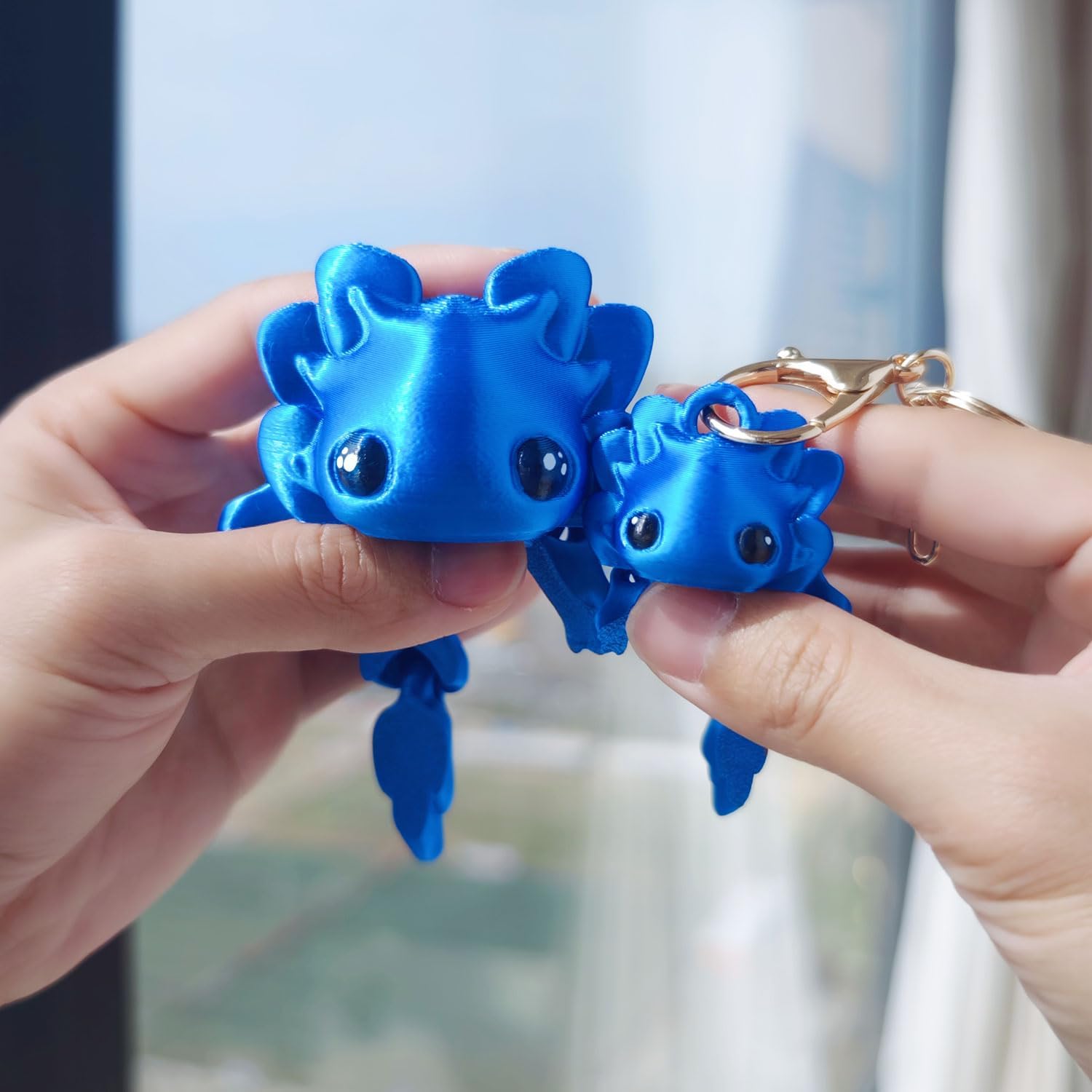2 Pcs Cute Axolotl Tadpole Fidget, 3d Printed Articulating Axolotl with Keychain Flexible Collectible Set, Fun Gift, Blue