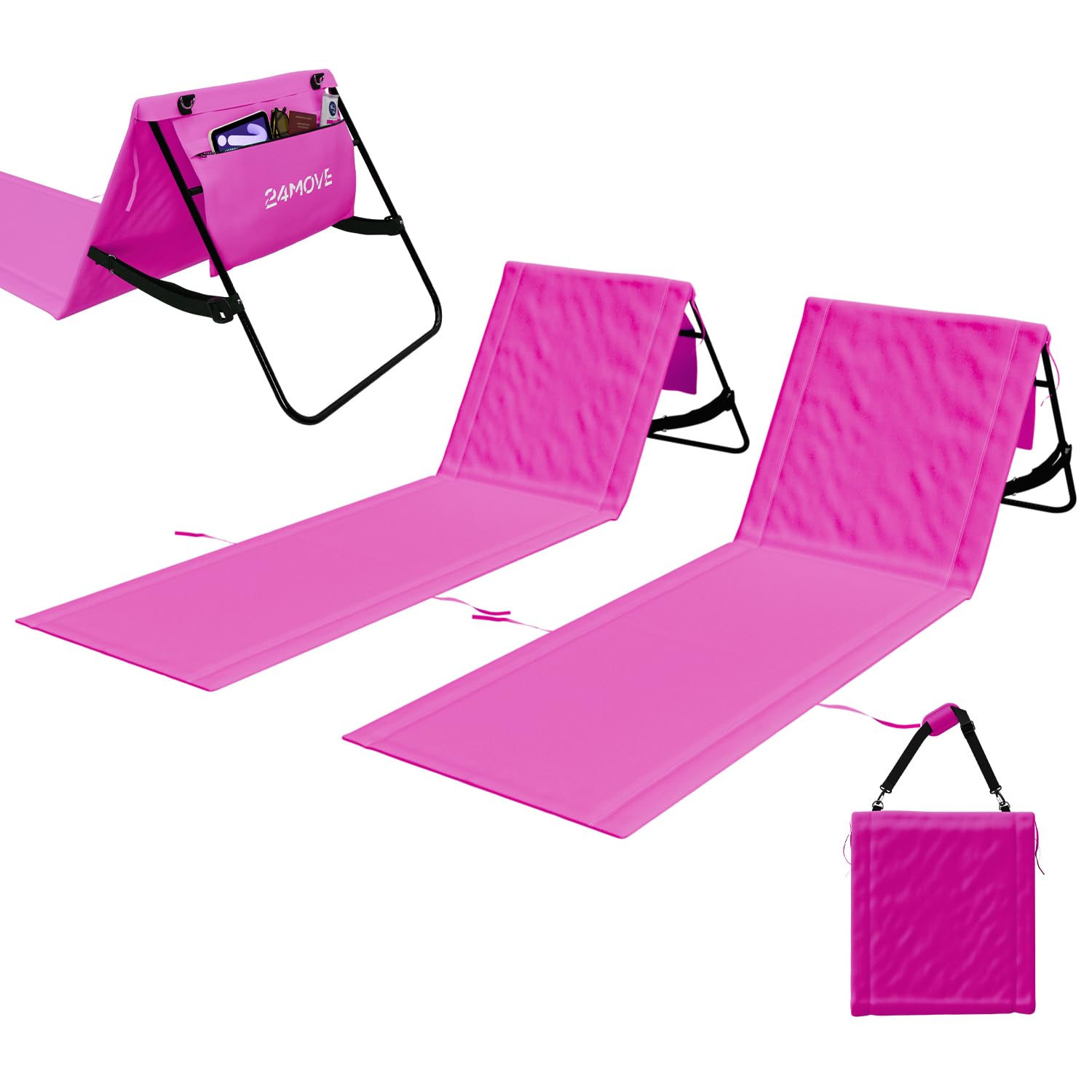 24MOVE® Strandmatte Set klappbar mit Verstellbarer Rückenlehne, Strandliege faltbar mit Schlaufen, Aufbewahrungstasche, Sonnenliege für Strand Garten, versch. Farben