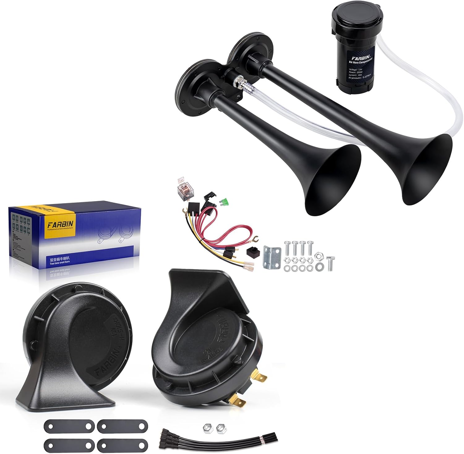 FARBIN Car Horn 12V with Compressor and Wire Harness with Snail Air Horn with Relay Harness