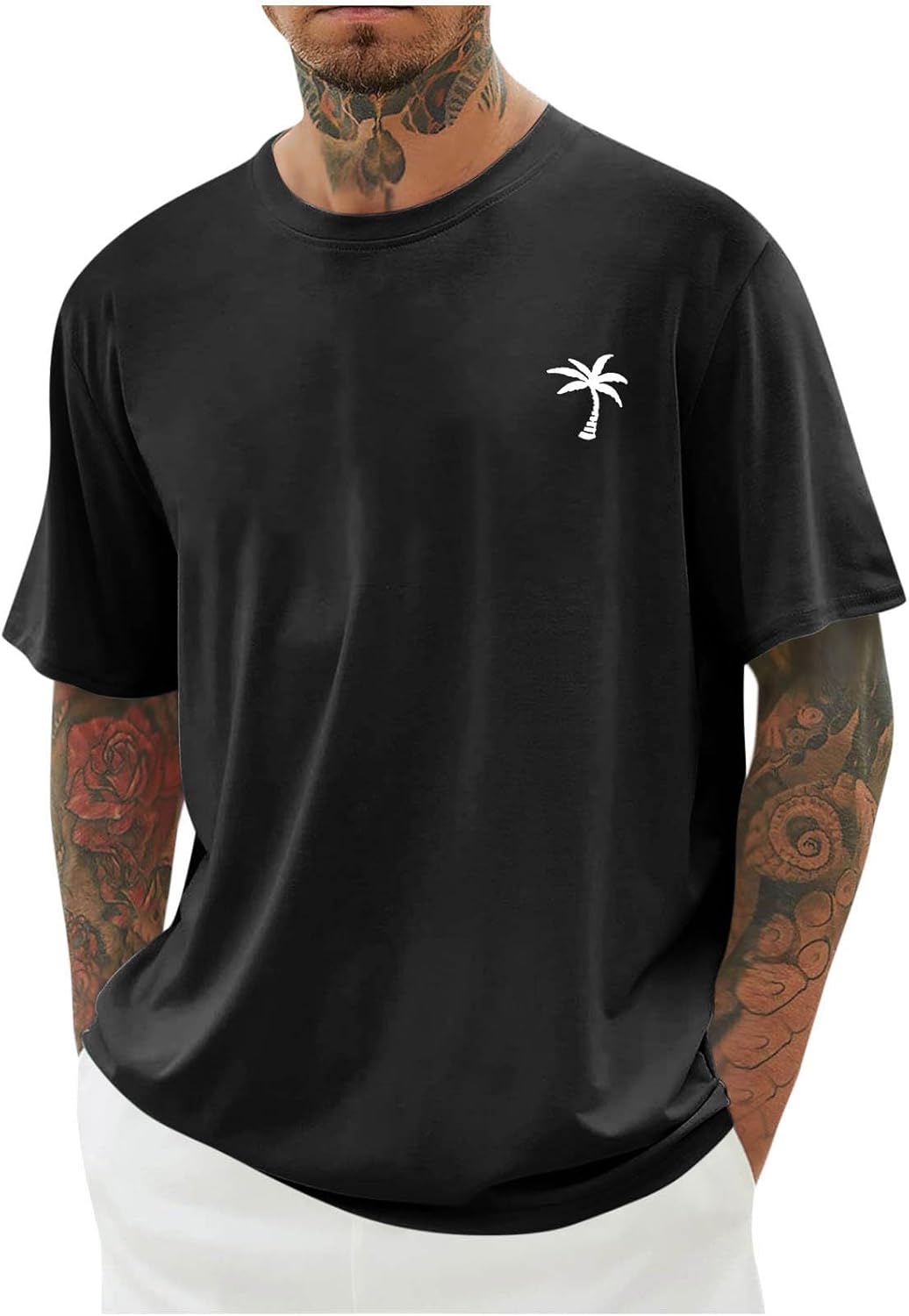 Mens Casual T-Shirt Short Sleeve Palm Tree Print Summer Fashion Shirt Loose Fit Crewneck Athletic Workout T Shirts