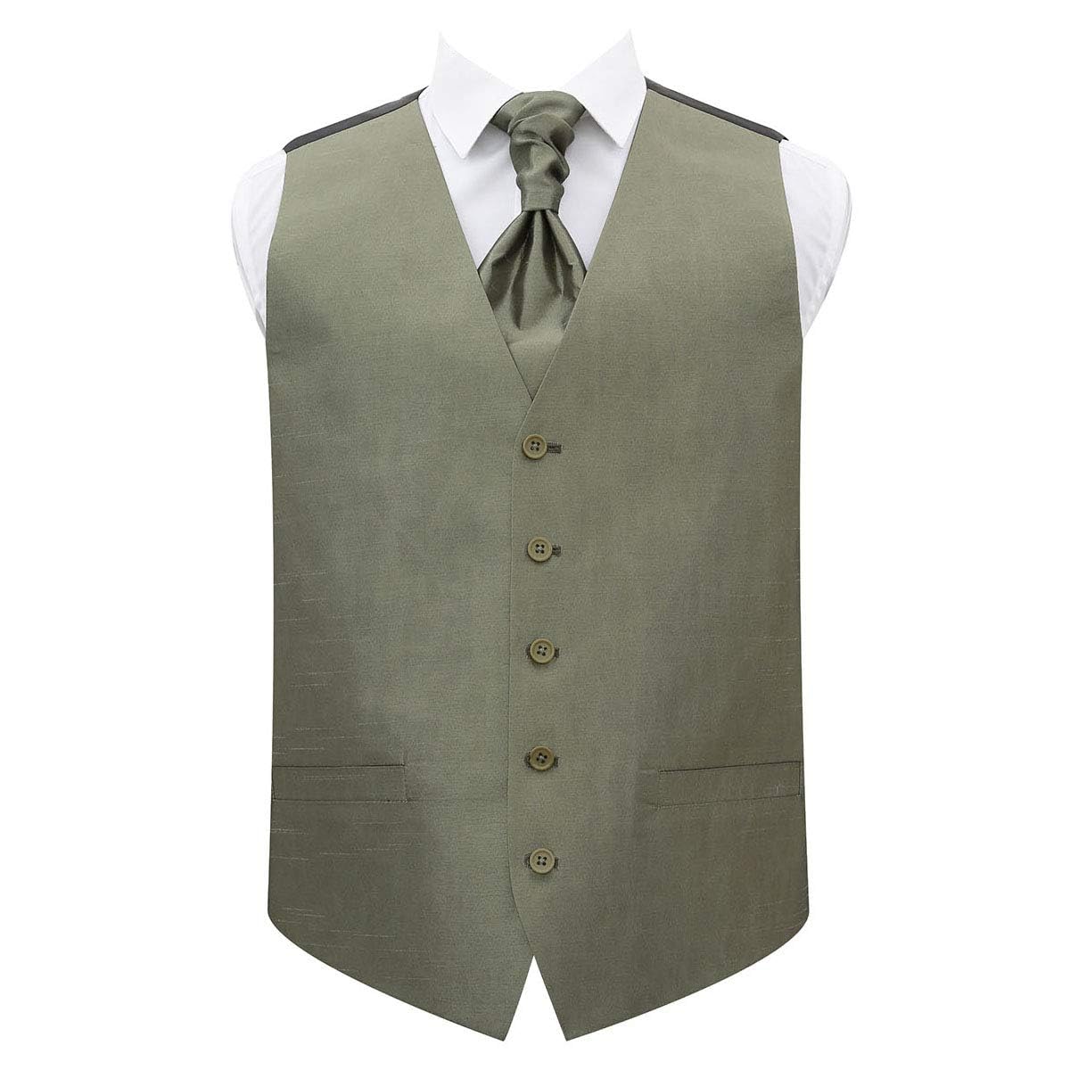 Dqt Men's Sage Green Plain Shantung Waistcoat Cravat Pocket Square Cufflinks & Lapel Pin Set (5Pc) - Wedding, Business & Formal - 40" (L)