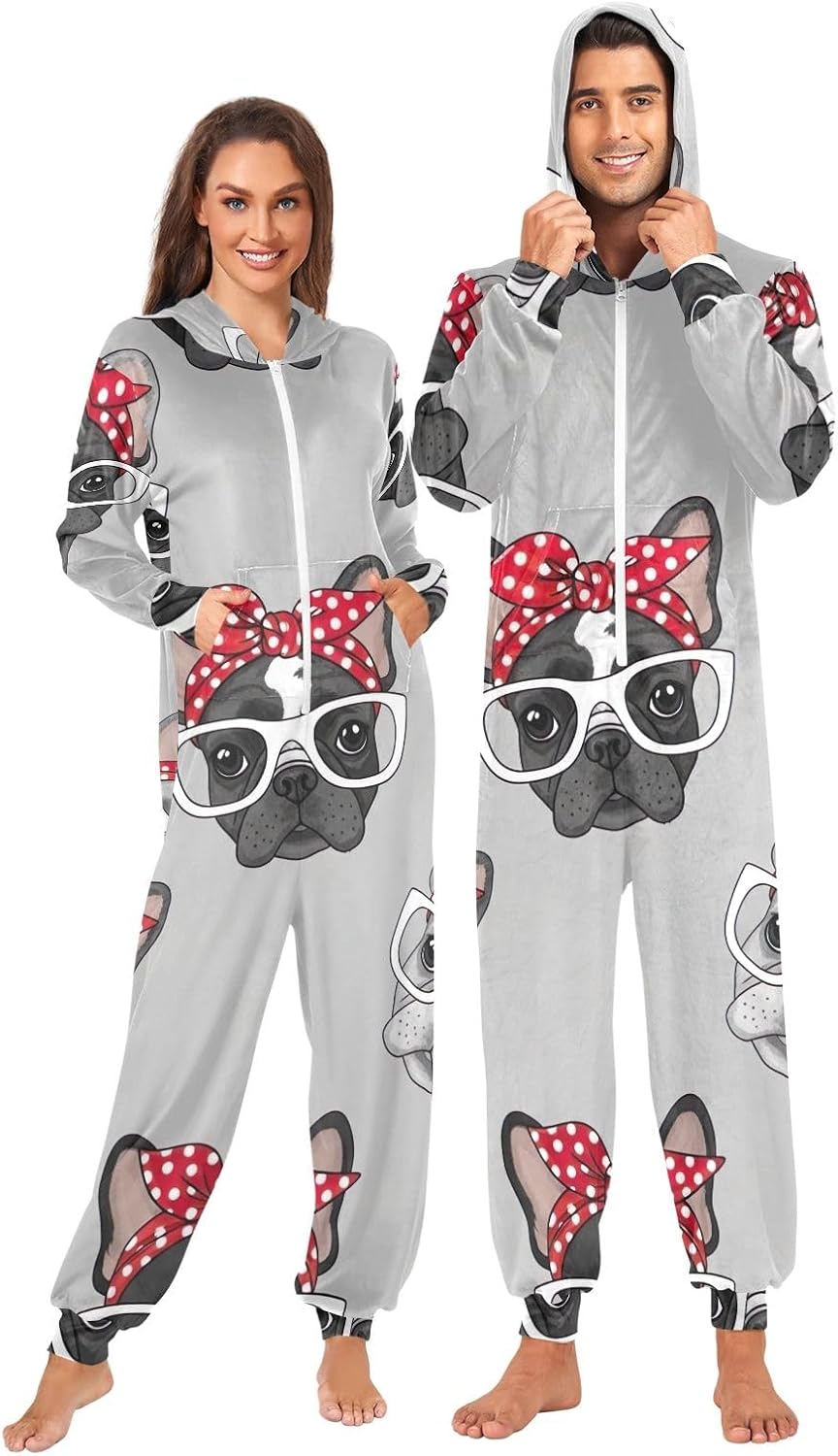 Cute French Bulldog Gray Adult Onesie Pajamas, Hooded Zip One Piece Loungewear for Men Women Christmas Sleepwear