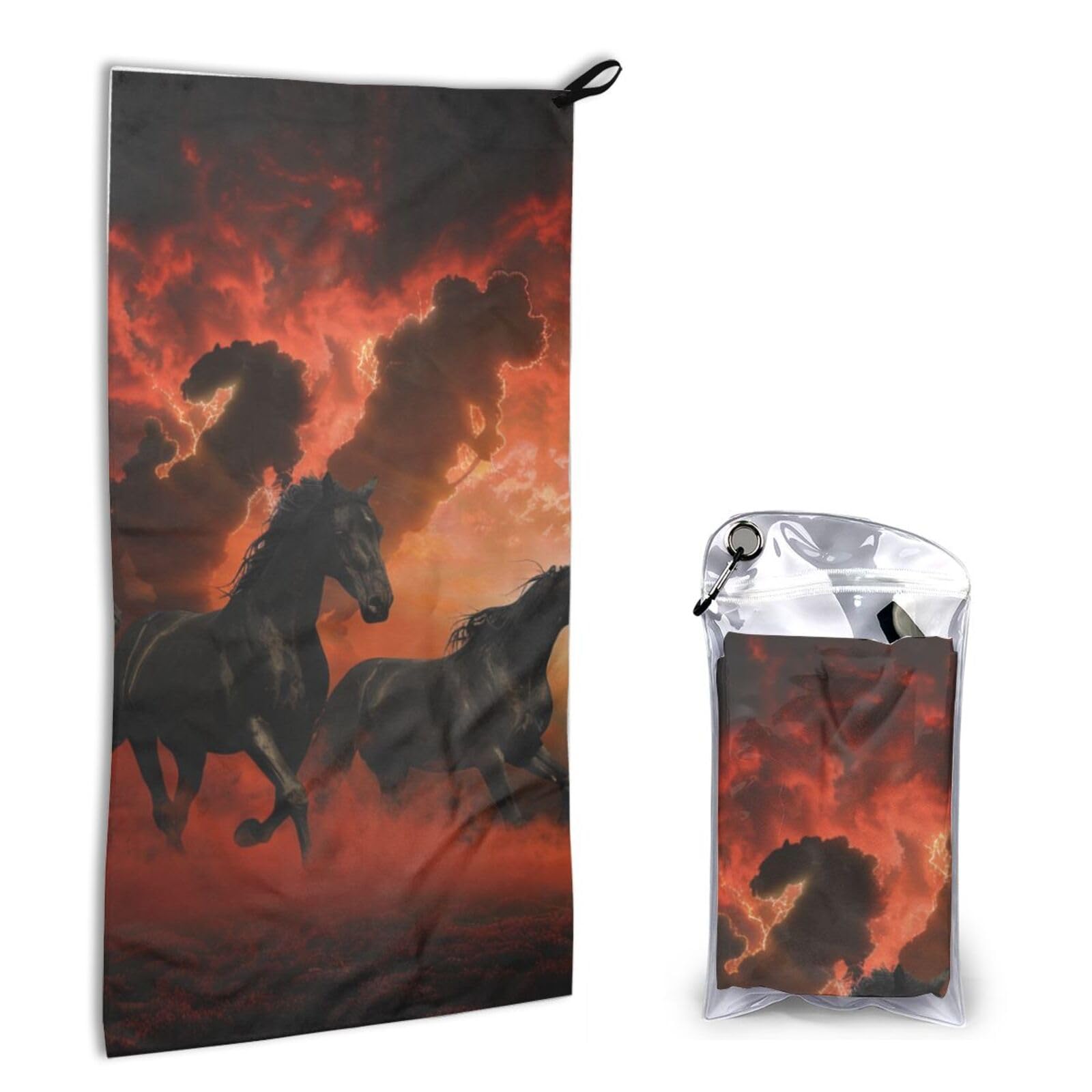 BWWHCCTI Quick Dry Hand Towel With Bag - Black Horses Red Glowing Clouds Printed Super Absorbent Face Cloth Microfiber Travel Sports Towels 40x80cm