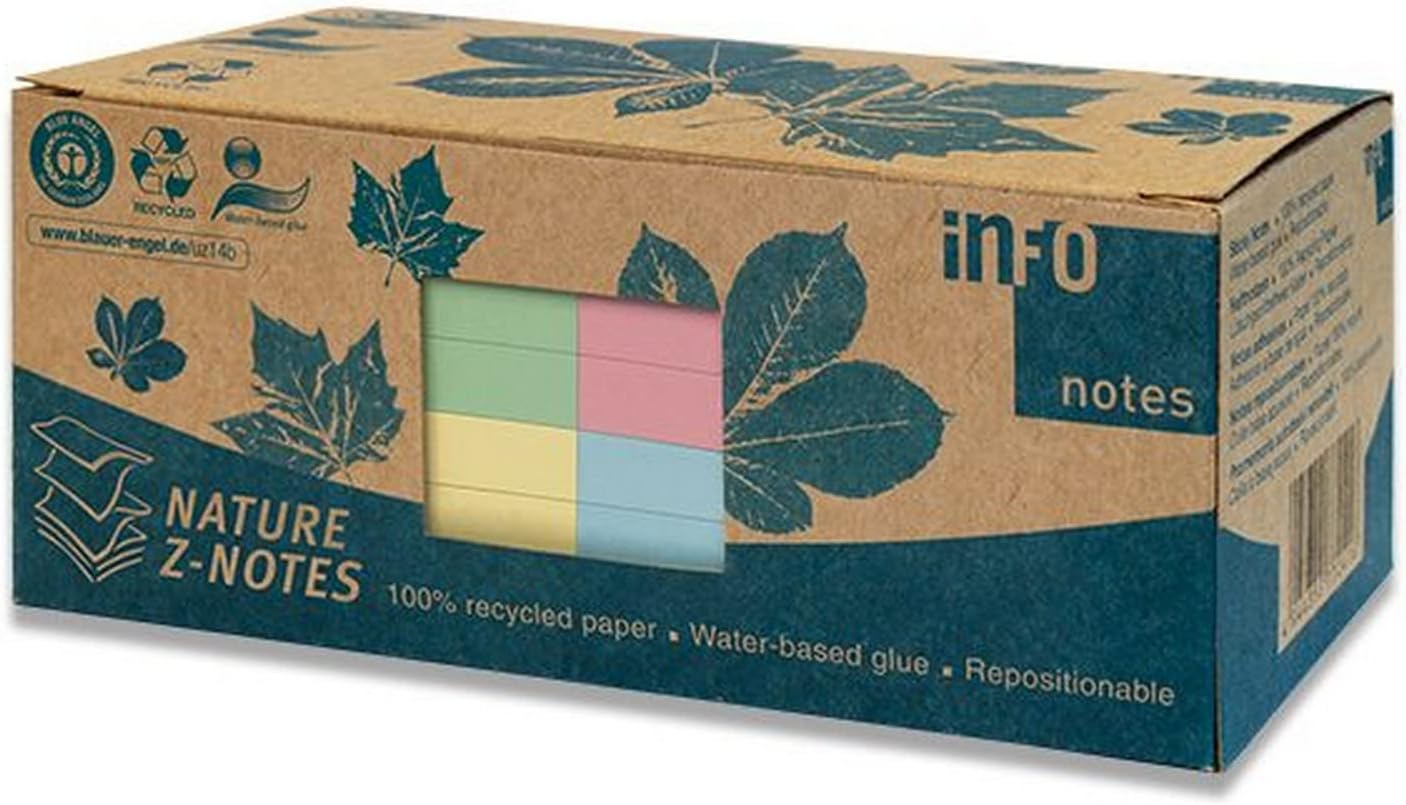 100% Recycled Sticky Notes Pastel Mix 75 x 75mm Blue Angel Certified 100 Sheets per Pad 12 Pads Packed in Recycled Box