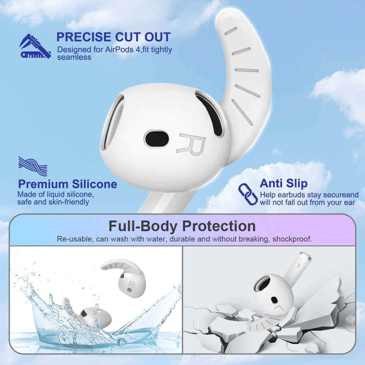 Lot de 5 paires de crochets d'oreille pour écouteurs AirPods 4 (2024), en silicone antidérapant, accessoires de rechange compatibles avec AirPods 4e génération (ne convient pas dans l'étui), blanc