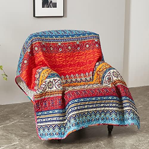 WONGS BEDDING Boho Throw Blanket Bedspread Vintage Striped Printed Coverlets Bedspread Lightweight Soft Microfiber Quilted Bedspread for All Season ( 150 x 200 cm)