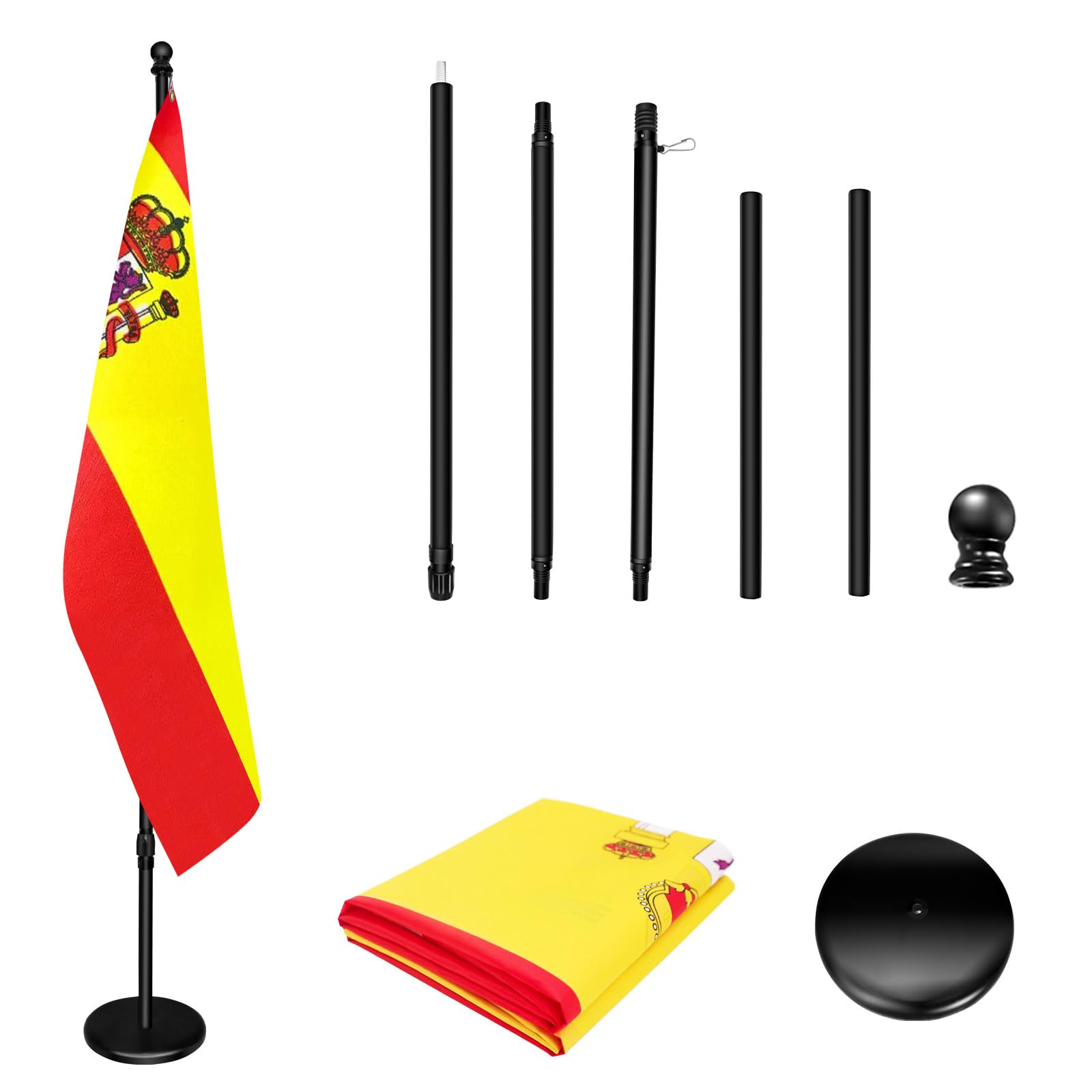Mástil de bandera de interior con base, 200 cm-252 cm elevado y bajado para ajustar la altura, la base añade peso, los mástiles giran 360 grados, bandera de España de 90 x 150 cm. Adecuado para
