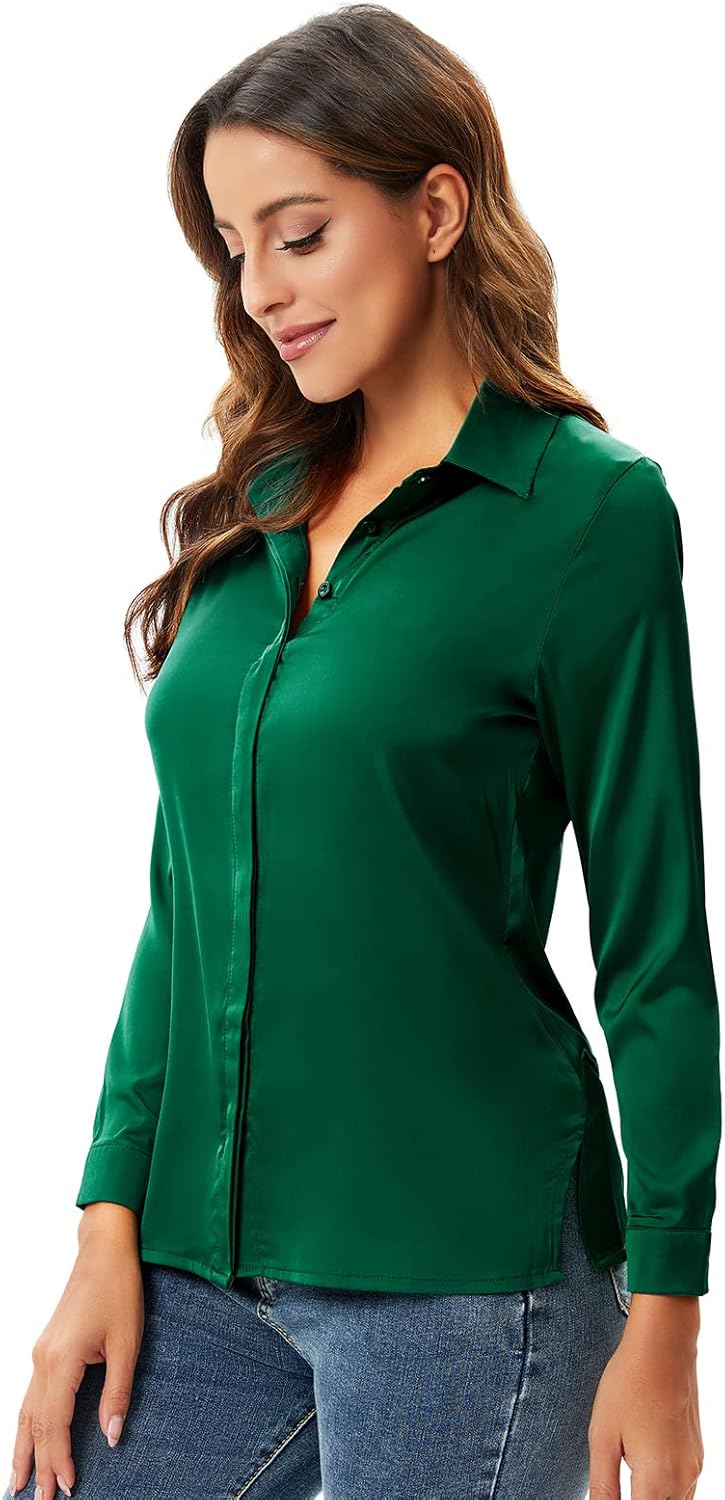Escalier Women's Silk Blouse Long Sleeve Satin Button Down Shirt Casual Work Office Silky Blouse Top - Image 4