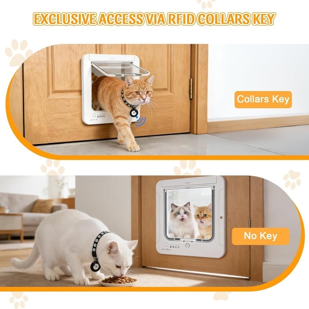Intelligente Katzenklappe mit 4 Halsband-Sensor-Schlüsseln, RFID-Katzenklappe, die mit Fernbedienung Aktiviert Wird, 4-Wege-Verriegelung