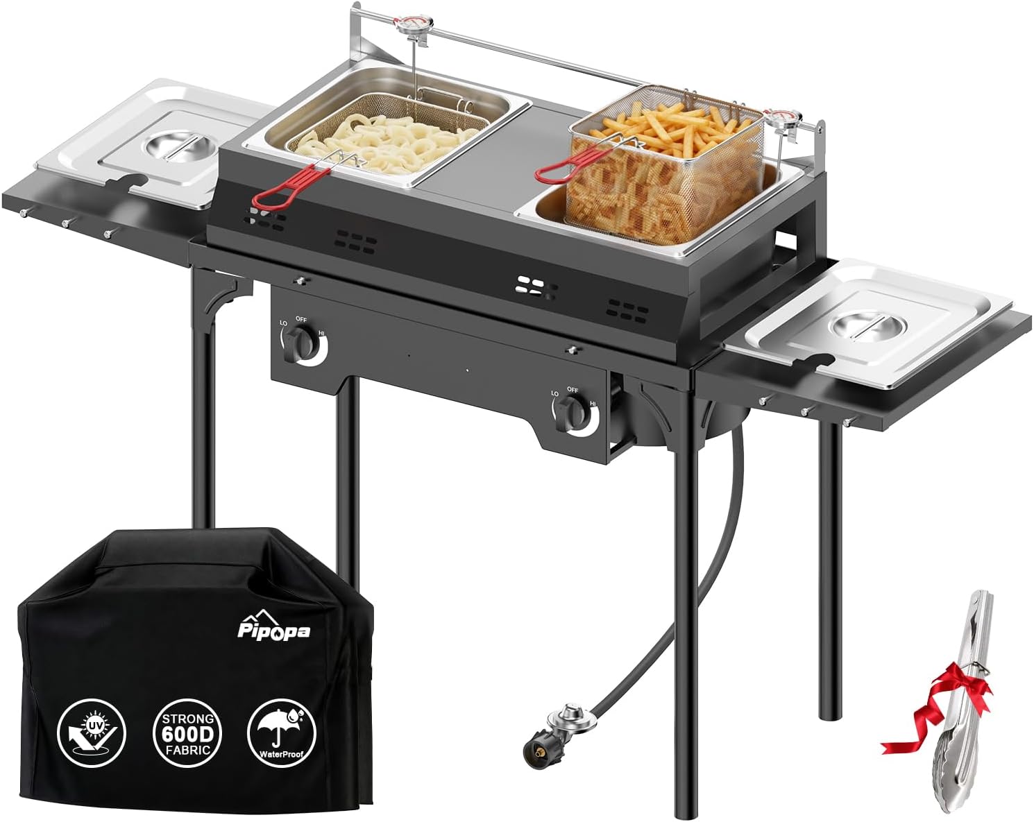 Outdoor Propane Deep Fryer | Dual-Mode Fish Fryer | 2×8-Qt Stainless Steel Pots | Independent Burners | 40,000 BTU, Includes Cover Tongs Thermometers Baskets & Lids | Ideal for Home & Commercial Use