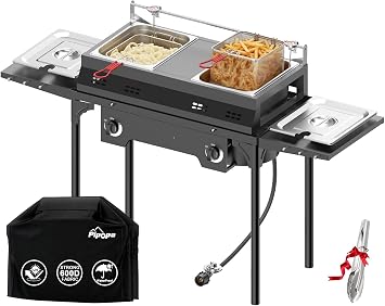 Outdoor Propane Deep Fryer with Cover | Removable Top Frame | 2-Tank 4 Gal Capacity | 2 Independent Burners | 40000 BTU | Fish Fryer with Baskets Thermometers Tong | Ideal for Commercial Use