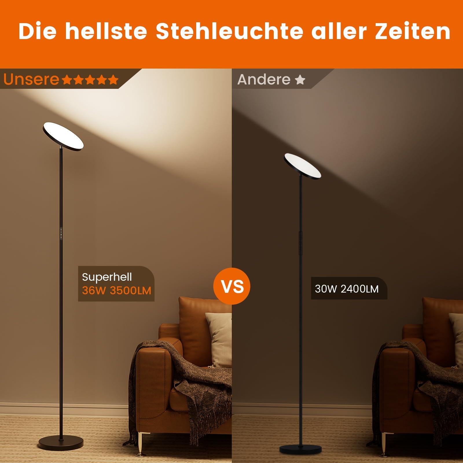 Uplighter LED Stehleuchten für Wohnzimmer, 36W superhelle Torchiere Standleuchte mit Fernbedienung, Touch-Control, 175 cm dimmbare moderne hohe Leuchte mit Timer für Schlafzimmer, Büro, Ecke, Schwarz