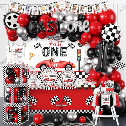Fast One Birthday Decorations for Boys Fast One Birthday Decorations with Race Car Backdrop 1st Birthday High Chair Banner Plates Napkins Balloon Arch Box foR 2nd Birthday Decor for Boys