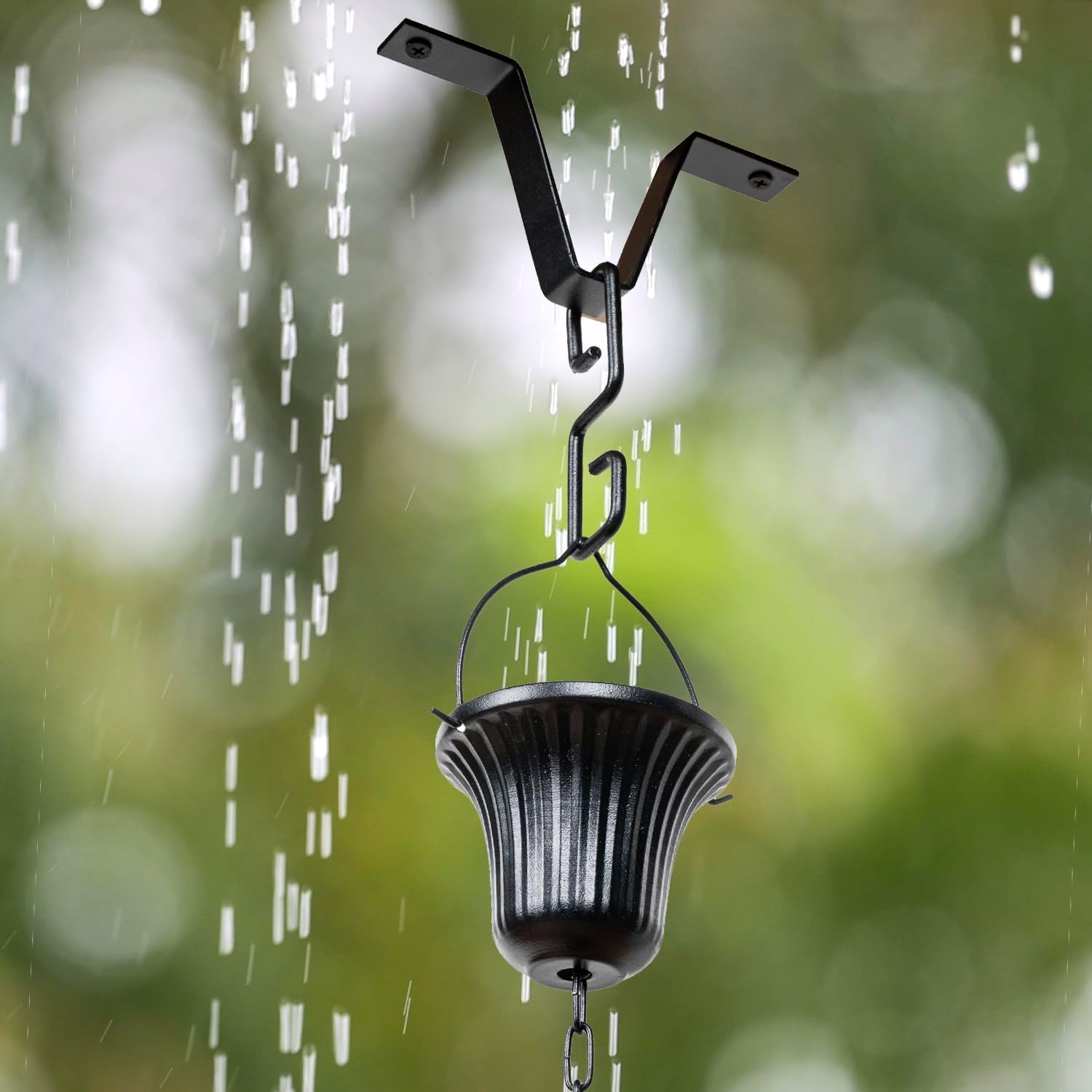 MyGift 10 ft Decorative Rain Chains with 15 Ribbed Bell Cups and V-Hook, Black Metal Rainwater Downspout Replacement for Outside House Gutter Drain Spout