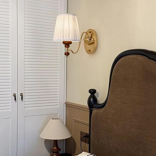 Miniatura 2 de Mid Century Fabric Shade Wall Light Vintage Iron Wood Dimmable Sconce E12E14 Base for Bedroom Living Room Modern Lighting(White)