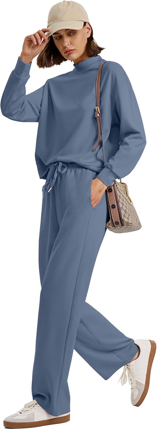 WIHOLL Two Piece Sets for Women Fall Outfits Lounge Sets Mock Neck Tops Wide Leg Pants Vacation Travel Airport Outfits - Image 3