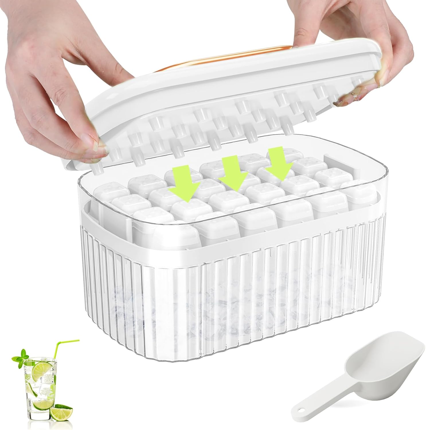 Ice Cube Tray with Lid and Bin, Ice Trays for Freezer, Press Ice Cubes Molds, Ice