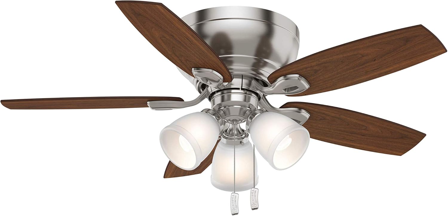 Casablanca 44 inch Indoor Ceiling Fan with Lights - Ceiling Fan with Pull Chain, For Bedroom, Living Room, or Kitchen, Low Profile Mount, No Remote, 5 Blades - Durant 53187, Brushed Nickel
