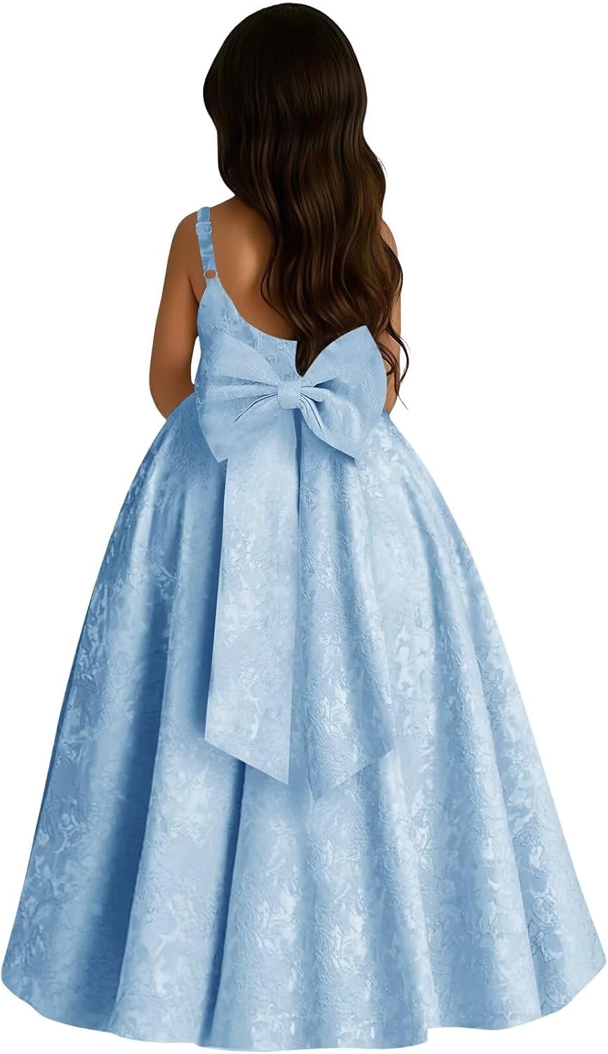 Satin Jacquard Bow Flower Girl Dress for Wedding Elegant A-Line Formal Ball Princess First Communion Dresses