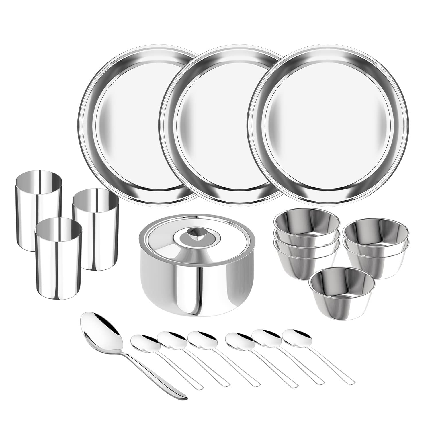 Lifelong Dinner Set of 21 Pcs | Stainless Steel | 3 Full Dinner Plates| 3 Glasses| 6 Vegetable Bowl| 6 Dinner Spoons| 1 Serving Spoon |1 Serving Bowl with Lid (LLDINSET21, Silver) (B0C14RDNG9) Amazon Price History, Amazon Price Tracker