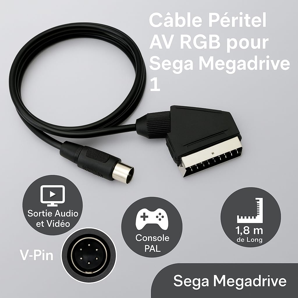 Câble Péritel AV RGB SCART pour Sega Megadrive 1 PAL – Genesis – Vpin – Connexion Haute Qualité – 1,80 m