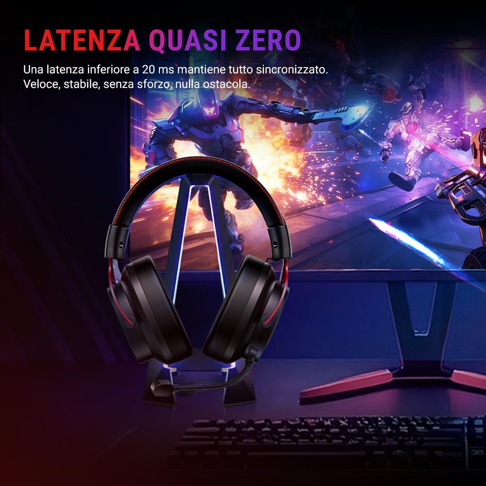 QCY Cuffie Gaming Wireless per PC/PS5/PS4/Switch, HEROAD VT200 Cuffie Over Ear, Audio Surrounqchd 7.1, Cuffie Gaming 2,4GHz Wireless+Bluetooth 6.0, Microfono Staccabile, Batteria da 130 ore -RossoNero