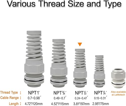 Miniatura 6 de LeMotech 5 unidades NPT 34" IP68 impermeable para cable flexible en espiral alivio de tensión junta de nailon gris con juntas para rosca de alambre