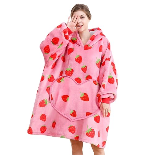 Dietersler Wearable Blanket is Oversized Fluffy and Comfortable Plush Blanket,Warm Sherpa Sweatshirt,One Size for All - Strawberry