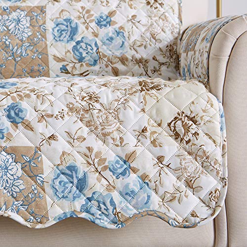 Image of Great Bay Home Reversible Floral Patchwork Loveseat Furniture Protector - Machine Washable, Scalloped Edge, Stain Resistant, Printed Furniture Cover for Dogs, Kids, and Pets (Taupe /Blue)