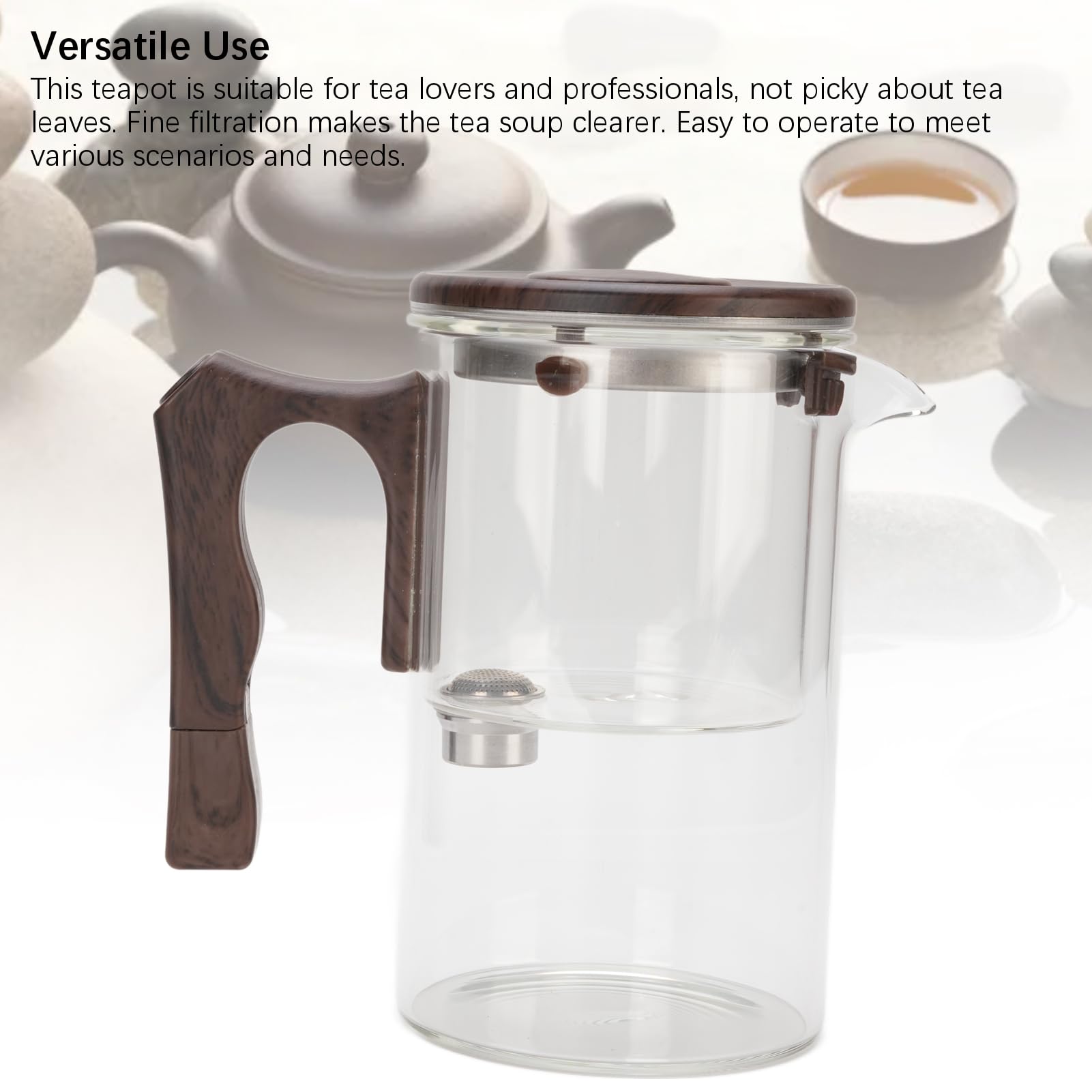 Teiera in Vetro con Filtro, Infusore per tè con Separazione Acqua-infusore e Manico in Legno, Macchina per tè Sfuso Resistente Al Calore per Casa e Ufficio, Ideale per gli Amanti