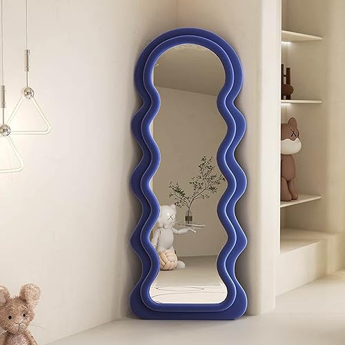 QQXX Espejo ondulado irregular de longitud completa, espejo con marco de madera envuelto en franela, para colgar en la pared, para colgar o apoyarse