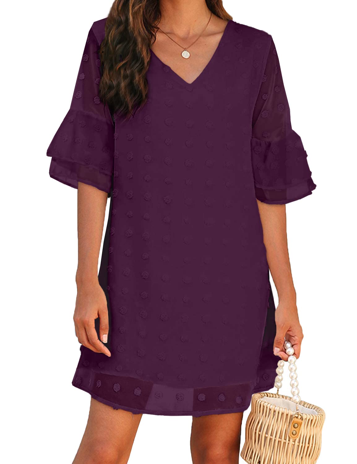 BELONGSCIWomen's 2023 Summer Dress Sweet & Cute V-Neck Self Tie 3/4 Sleeve Casual Shift Dress